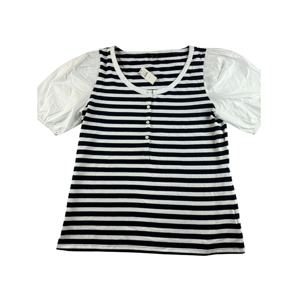 Talbots‎ Womens Navy White Striped Puff Sleeve Henley Tunic Top Size M